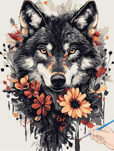 Malen Nach Zahlen Erwachsene Wolf Malen Nach Zahlen Kinder ab 10 Blumen Set Basteln Erwachsene DIY Paint by Numbers Adult Acrylfarbe Ölgemälde Bastelset für Geschenke Deko Wohnzimmer 70x90cm C-02 von Jaeixouu