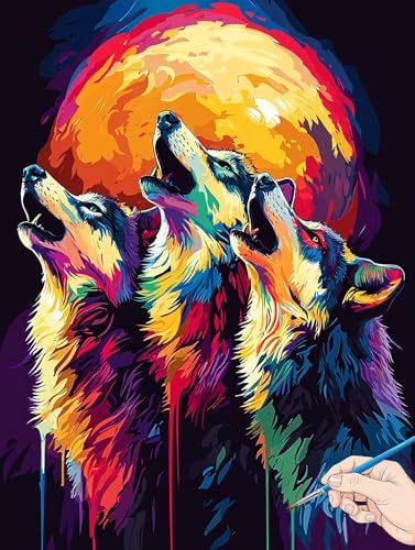 Malen Nach Zahlen Erwachsene Wolf Malen Nach Zahlen Mond DIY Set Ewachsene Paint by Numbers Adult mit Pinseln und Acrylfarbe Handgemalt Ölgemälde Kit Geschenke für Frauen Halloween Deko 60x80cm G-57 von Jaeixouu