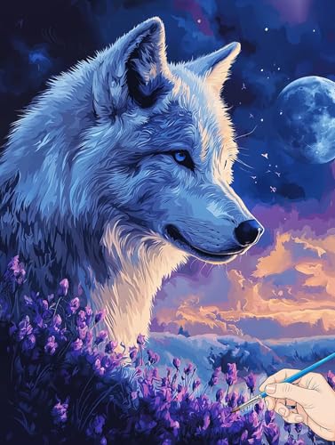 Malen Nach Zahlen Erwachsene Wolf Malen Nach Zahlen Tiere DIY Set Ewachsene Paint by Numbers Adult mit Pinseln und Acrylfarbe Handgemalt Ölgemälde Kit Geschenke für Frauen Halloween Deko 40x50cm I-73 von Jaeixouu