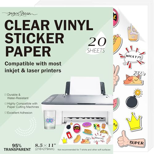JAGERGREEN 20 Blatt Transparentes Sticker Papier zum Bedrucken A4 (216x279mm), Selbstklebende Aufkleberfolie für Laser & Tintenstrahldrucker, Wasserfest, für DIY-Projekte, Fotoaufkleber, Etiketten von JagerGreen