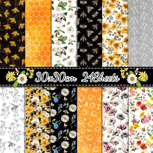 24 Blatt Gold Honigbiene & Herbstblume Scrapbook Papier - 12 doppelseitige Sonnenblumen-Designs für DIY-Karten, Alben, Handwerk (30,5 x 30,5 cm Strukturpapier) von Jajajuegos