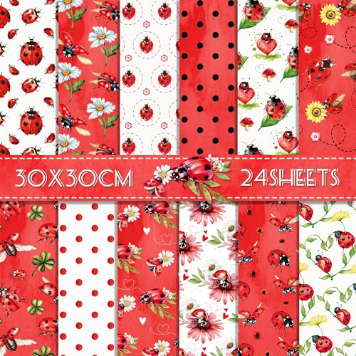 24 Blatt Marienkäfer-Musterblock, 30 x 30 cm, Marienkäfer-Scrapbook, Spezialpapierblock, hübsche Marienkäfer-Blumenmuster, doppelseitiger Karton, Papierpackung, Marienkäfer, Scrapbooking, Hintergrund von Jajajuegos