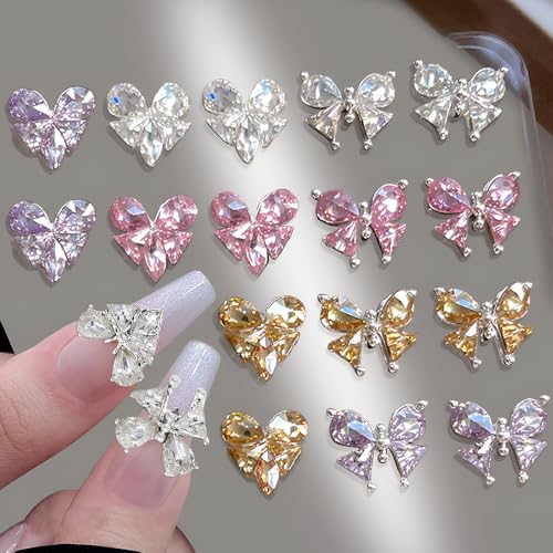 16 Stück Bunte Glitzersteine Nail Charms Nägel Zubehör Zirkon Herz Schmetterling Strasssteine Nagel Charms Nail Art Rhinestones Glitzer Steine Schleifen Herzen Nailart Edelsteine Nageldesign Nail Gems von Jaliya