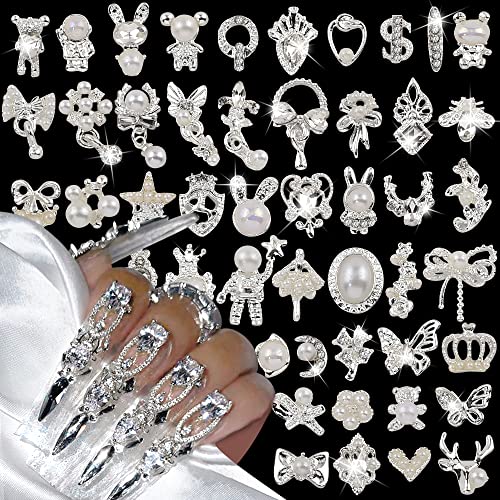 50pcs 3D Silber Nail Charms Luxus Strasssteine Nägel Legierung Schmetterling Nailart Anhänger Metall Nagel Schmuck Schleife Bär Edelsteine Herz Stern Blume Glitzersteine Nageldesign Nail Art Zubehör von Jaliya