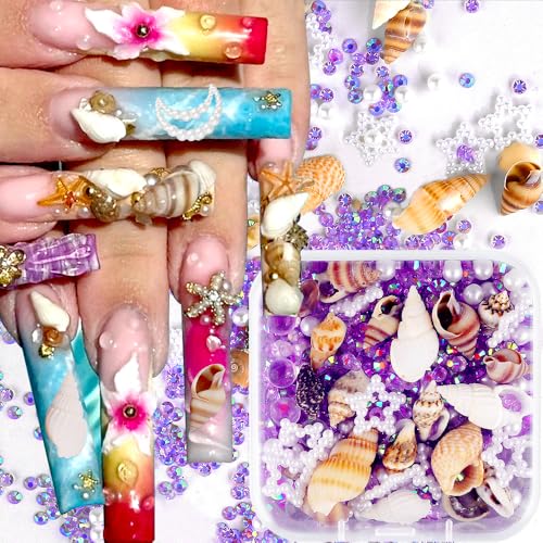 Ocean Nail Charms Sommer Meer Nagel Charms Nägel Zubehör Flatback Rhinestones Perlen Muschel Nailart Glitzersteine Nagelanhänger Nageldesign Glitzer Strasssteine Summer Nail Art Charm Anhänger (lila) von Jaliya