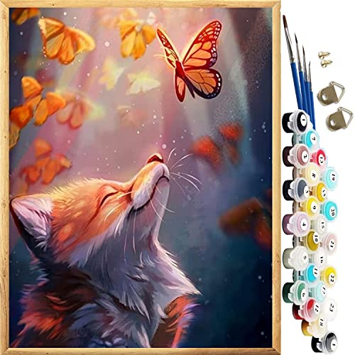 Malen Nach Zahlen Erwachsene Kinder Anfänger,DIY Handgemalt Ölgemälde auf Leinwand Kit mit 4 Pinsels, Leinwand und Acrylfarbe für Home Deko Weihnachten,Der Fuchs und der Schmetterling 40x50cm von JanFebMar