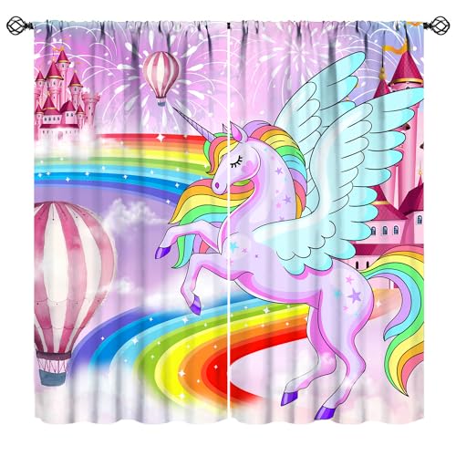 JanJCurt Einhorn-Vorhänge für Mädchen, rosa Prinzessin, magisches Schloss, Regenbogen-Heißluftballon, Fantasie-Märchen, violettes Feuerwerk, Druck, Fenstervorhänge für Kinderzimmer, Wohnzimmer, 106,7 JanJCurt Einhorn-Vorhänge für Mädchen, rosa Prinzessin, magisches Schloss, Regenbogen-Heißluftballon, Fantasie-Märchen, violettes Feuerwerk, Druck, Fenstervorhänge für Kinderzimmer, Wohnzimmer, 106,7 von JanJCurt