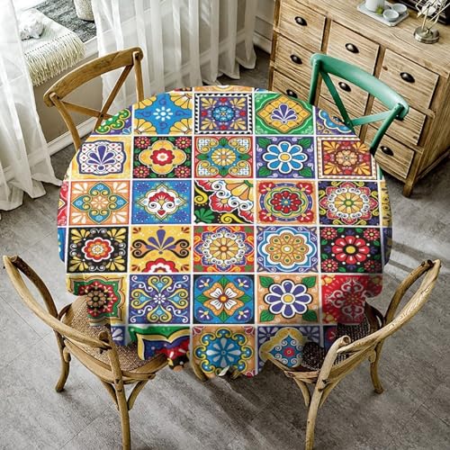 JanJCurt Mexikanische runde Tischdecke, Talavera-Fliesen, bunte Blumen, Blätter, Wirbel, Muster, Tischdecke für Zuhause, Esszimmer, Küche, Hochzeit, Partys, rund (91,4 x 91,4 cm) von JanJCurt