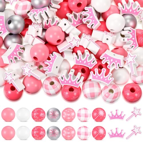 Janinka 100 Stück 16 mm große Holzperlen zum Basteln, Feenstab, Krone, Hexenhut, Besen, Holzperlen, Abstandshalter lose Perlen mit Loch für DIY-Stifte, Schlüsselanhänger, Halsketten, Armbänder von Janinka