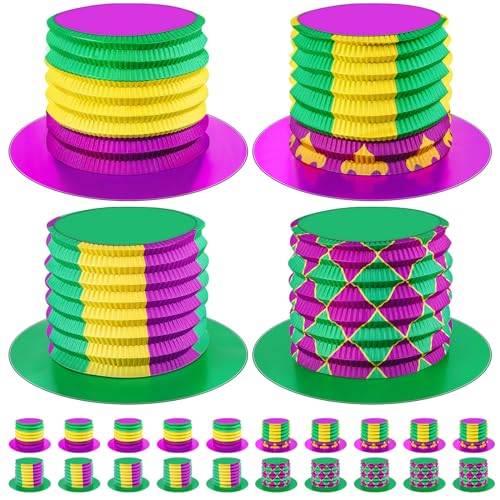 Janmercy 24 Stück Karnevalsparty-Zylinderhut, Akkordeon-Hüte für Karneval, Party, Lila, Grün und Gelb, Pappfaltpapierhüte für Erwachsene, Kostüm, Kopfbedeckung von Janmercy