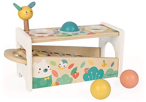 Janod Tap Tap Xylo Pure 2-in-1 Baby Musical Instrument - Awakening and Educational Game - Wooden Toy with 3 Balls + Hammer + Xylophone - From 12 Months Old, J05155 von Janod