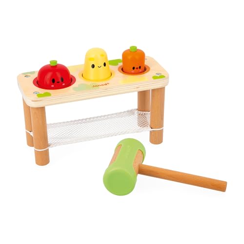Janod - Taptap Gemüse des Bauernhofs – Spielzeug für Kinder – 3 Gemüsegemüse + 1 Hammer – entwickelt die Feinmotorik – Spielzeug aus FSC-Holz – ab 12 Monaten J03309 von Janod