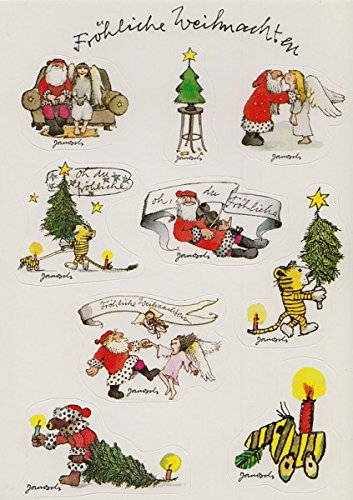 Janosch Sticker Postkarte Oh du Fröhliche Weihnachtsmann mit Engeln von Janosch