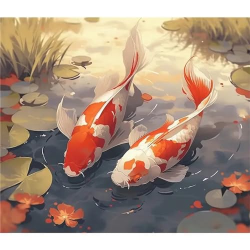 Januave Koi-Fisch Malen Nach Zahlen Erwachsene,DIY Malen nach Zahlen Kits auf Leinwand Acrylmalerei nach Zahlen mit Pinseln Leinwand Geschenke Kunsthandwerk Framed,40x50cm von Januave