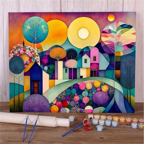 Januave Malen Nach Zahlen Erwachsene,Abstraktes Dorf DIY Handgemalt Ölgemälde Leinwand Kits mit Pinsels und Acrylfarbe Als Geschenke und Heimdekoration(Ohne Rahmen) 30x40cm von Januave