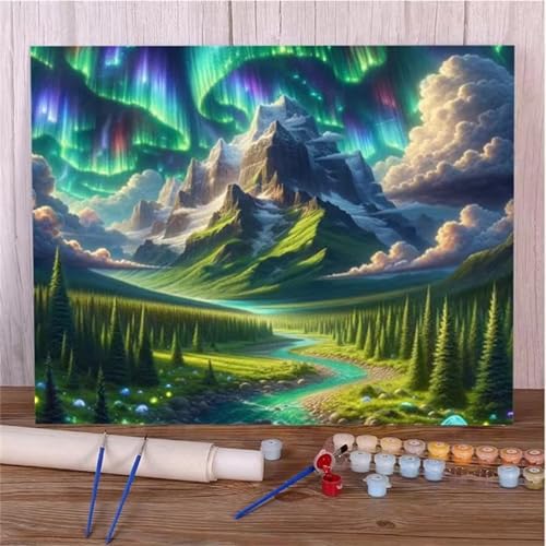 Januave Malen Nach Zahlen Erwachsene,Aurora-Berge DIY Handgemalt Ölgemälde Leinwand Kits mit Pinsels und Acrylfarbe Als Geschenke und Heimdekoration(mit rahmen) 40x50cm von Januave