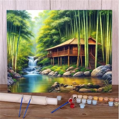 Januave Malen Nach Zahlen Erwachsene,Bambuswaldfluss Paint by Numbers Malen Nach Zahlen,DIY 3 -Pinseln und Acrylfarben Leinwand Handgemalt Ölgemälde für Home Décor(mit rahmen) 40x50cm von Januave