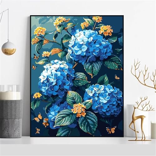 Januave Malen Nach Zahlen Erwachsene,Blaue Hortensie Paint by Numbers Malen Nach Zahlen,DIY 3 -Pinseln und Acrylfarben Leinwand Handgemalt Ölgemälde für Home Décor(mit rahmen) 60x75cm von Januave