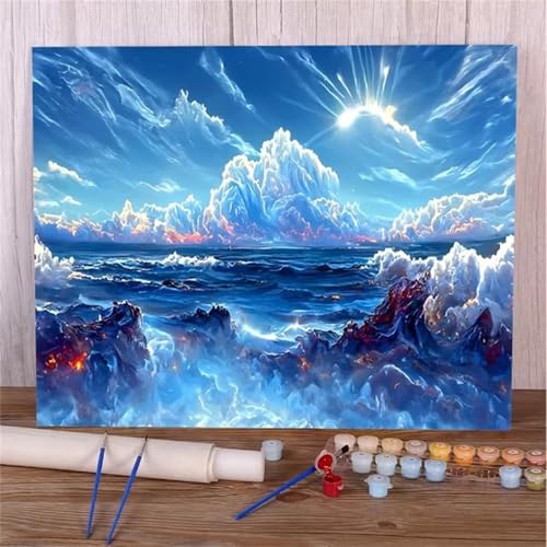 Januave Malen Nach Zahlen Erwachsene,Blauer Ozean Paint by Numbers Malen Nach Zahlen,DIY 3 -Pinseln und Acrylfarben Leinwand Handgemalt Ölgemälde für Home Décor(Ohne Rahmen) 55x70cm von Januave