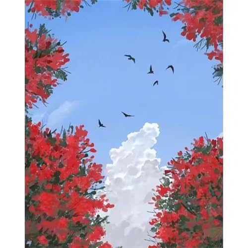 Januave Malen Nach Zahlen Erwachsene,Blume Rot Himmel DIY Handgemalt Ölgemälde Leinwand Kits mit Pinsels und Acrylfarbe Als Geschenke und Heimdekoration(Ohne Rahmen) 55x70cm von Januave