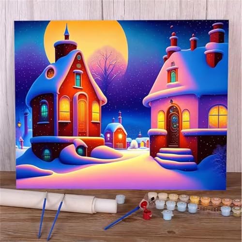 Januave Malen Nach Zahlen Erwachsene,Dachboden Schneemond DIY Handgemalt Ölgemälde Leinwand Kits mit Pinsels und Acrylfarbe Als Geschenke und Heimdekoration(mit rahmen) 30x40cm von Januave