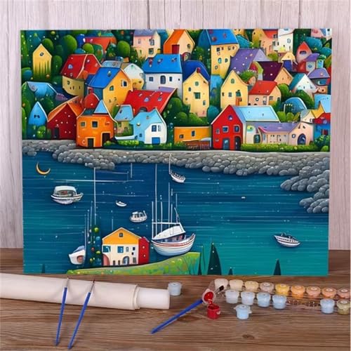 Januave Malen Nach Zahlen Erwachsene,Dorffarbe Paint by Numbers Malen Nach Zahlen,DIY 3 -Pinseln und Acrylfarben Leinwand Handgemalt Ölgemälde für Home Décor(mit rahmen) 50x65cm von Januave