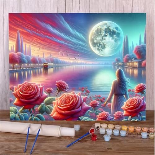 Januave Malen Nach Zahlen Erwachsene,Schönheit Rose Moon Paint by Numbers Malen Nach Zahlen,DIY 3 -Pinseln und Acrylfarben Leinwand Handgemalt Ölgemälde für Home Décor(mit rahmen) 60x75cm von Januave