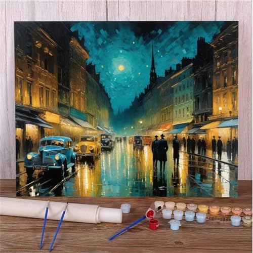 Januave Malen Nach Zahlen Erwachsene,Stadt regnerische Nacht DIY Handgemalt Ölgemälde Leinwand Kits mit Pinsels und Acrylfarbe Als Geschenke und Heimdekoration(Ohne Rahmen) 60x75cm von Januave