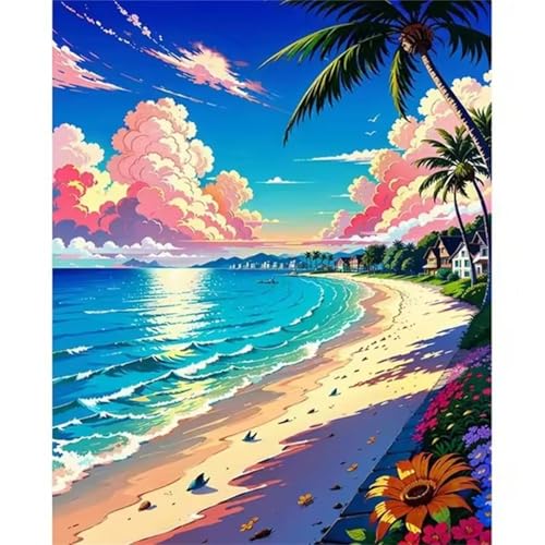 Januave Malen Nach Zahlen Erwachsene,Strand Sommer Paint by Numbers Malen Nach Zahlen,DIY 3 -Pinseln und Acrylfarben Leinwand Handgemalt Ölgemälde für Home Décor(Ohne Rahmen) 60x75cm von Januave