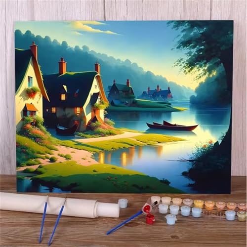 Januave Malen Nach Zahlen Erwachsene,Strandhaus DIY Handgemalt Ölgemälde Leinwand Kits mit Pinsels und Acrylfarbe Als Geschenke und Heimdekoration(mit rahmen) 30x40cm von Januave