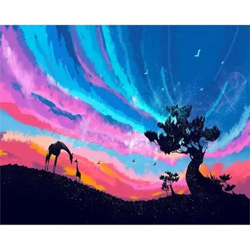 Januave Malen Nach Zahlen Erwachsene,Tiere Farbiger Himmel Paint by Numbers Malen Nach Zahlen,DIY 3 -Pinseln und Acrylfarben Leinwand Handgemalt Ölgemälde für Home Décor(mit rahmen) 30x40cm von Januave