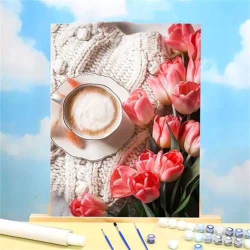 Januave Malen Nach Zahlen Erwachsene,Tulpenkaffee DIY Handgemalt Ölgemälde Leinwand Kit für Anfänger,Paint by Numbers mit Pinseln und Acrylfarbe für Geschenke und Wand Dekor 50x65cm(mit rahmen) von Januave
