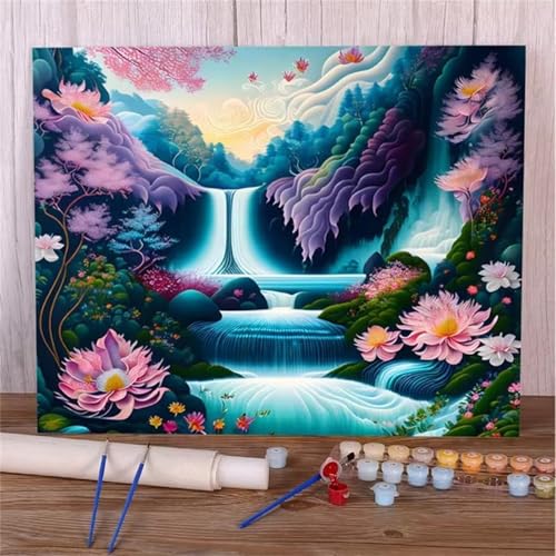Januave Malen Nach Zahlen Erwachsene,Wasserfall Fluss Baum Paint by Numbers Malen Nach Zahlen,DIY 3 -Pinseln und Acrylfarben Leinwand Handgemalt Ölgemälde für Home Décor(mit rahmen) 55x70cm von Januave