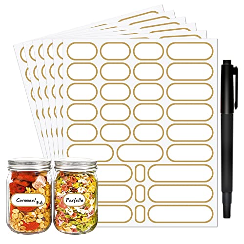 JaoNanl Abnehmbare White-Label-Aufkleber mit Goldrand, selbstklebendem, leerem Küchen-Namensschild, für Lebensmittelbehälter, Gewürzdosen, Vorratsbehälter, 4 Größen mit 1 Marker, 192 Stück von JaoNanl