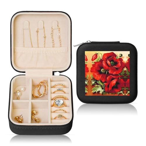Schwarze quadratische Leder-Schmuckschatulle – tragbare, schöne rote Mohnblumen-Aufbewahrung für Frauen, ideales Geburtstags- und Valentinstagsgeschenk Schwarze quadratische Leder-Schmuckschatulle – tragbare, schöne rote Mohnblumen-Aufbewahrung für Frauen, ideales Geburtstags- und Valentinstagsgeschenk von JaoXer