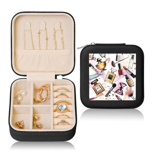 Schwarze quadratische Leder-Schmuckschatulle – tragbare Kosmetik- und Make-up-Themen-Druckaufbewahrung für Frauen, ideales Geburtstags- und Valentinstagsgeschenk von JaoXer