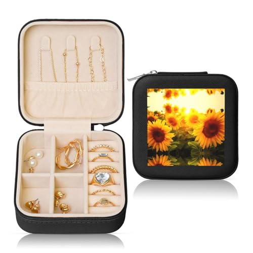 Schwarze quadratische Leder-Schmuckschatulle – tragbare Sonnenblumen-Aufdruck-Aufbewahrung für Frauen, ideales Geburtstags- und Valentinstagsgeschenk Schwarze quadratische Leder-Schmuckschatulle – tragbare Sonnenblumen-Aufdruck-Aufbewahrung für Frauen, ideales Geburtstags- und Valentinstagsgeschenk von JaoXer