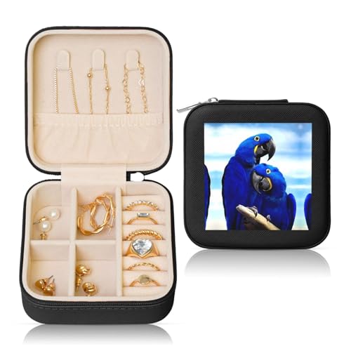 Schwarze quadratische Leder-Schmuckschatulle – tragbare blaue Papageien-Aufbewahrung für Frauen, ideales Geburtstags- und Valentinstagsgeschenk Schwarze quadratische Leder-Schmuckschatulle – tragbare blaue Papageien-Aufbewahrung für Frauen, ideales Geburtstags- und Valentinstagsgeschenk von JaoXer
