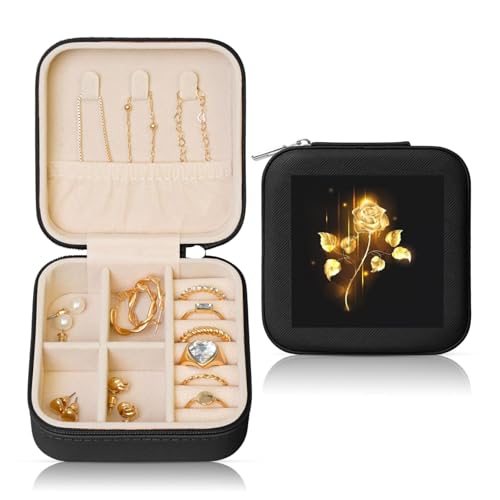 Schwarze quadratische Leder-Schmuckschatulle – tragbare goldene Rose Print Aufbewahrung für Frauen, ideales Geburtstags- und Valentinstagsgeschenk Schwarze quadratische Leder-Schmuckschatulle – tragbare goldene Rose Print Aufbewahrung für Frauen, ideales Geburtstags- und Valentinstagsgeschenk von JaoXer