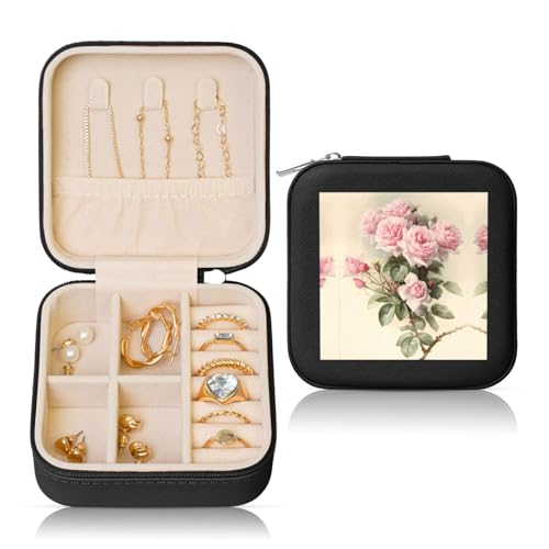 Schwarze quadratische Leder-Schmuckschatulle – tragbare rosa Vintage-Rosendruck-Aufbewahrung für Frauen, ideales Geburtstags- und Valentinstagsgeschenk Schwarze quadratische Leder-Schmuckschatulle – tragbare rosa Vintage-Rosendruck-Aufbewahrung für Frauen, ideales Geburtstags- und Valentinstagsgeschenk von JaoXer