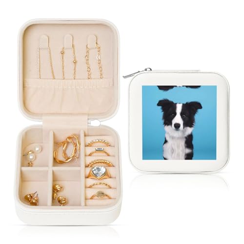 Weiße quadratische Leder-Schmuckschatulle – tragbare Border Collie Print Aufbewahrung für Frauen, ideales Geburtstags- und Valentinstagsgeschenk Weiße quadratische Leder-Schmuckschatulle – tragbare Border Collie Print Aufbewahrung für Frauen, ideales Geburtstags- und Valentinstagsgeschenk von JaoXer