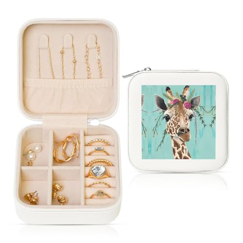 Weiße quadratische Leder-Schmuckschatulle – tragbare Giraffe mit Blumendruck-Aufbewahrung für Frauen, ideales Geburtstags- und Valentinstagsgeschenk von JaoXer