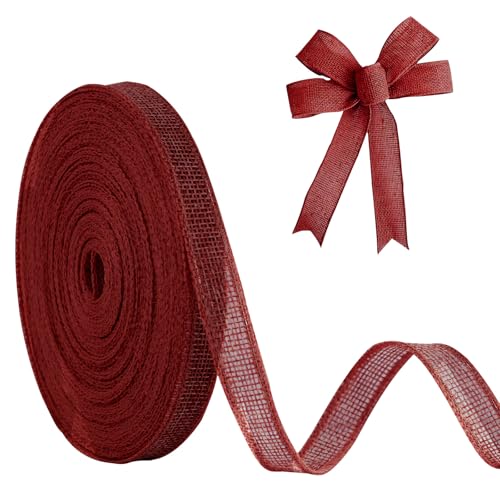 JaoZuyard Burgunderrotes Juteband, 1,27 cm x 20 m, natürliches Leinen, gewebt, DIY, handgefertigt, mit Draht, Burgunderrot, Produktionskranz, Urlaubsdekoration, Geschenkbänder für Geschenkverpackungen von JaoZuyard