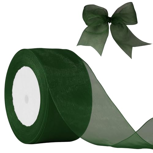 JaoZuyard Dunkelgrünes Organza-Chiffonband, 5,1 cm x 45,7 m, durchscheinendes Band für Blumenstoff für Hochzeitseinladungen, Brautsträuße, Party-Dekoration, Geschenkverpackungen, Schleifenherstellung von JaoZuyard