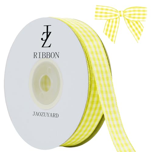 JaoZuyard Gelbes Gingham-Band, 1,6 cm x 22,7 m, kariertes Band, Polyester, gewebter Rand, Blumenstoff für Hochzeitseinladungen, Brautsträuße, Party-Dekoration, Geschenkverpackung, Schleifenherstellung JaoZuyard Gelbes Gingham-Band, 1,6 cm x 22,7 m, kariertes Band, Polyester, gewebter Rand, Blumenstoff für Hochzeitseinladungen, Brautsträuße, Party-Dekoration, Geschenkverpackung, Schleifenherstellung von JaoZuyard
