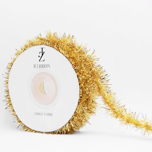 JaoZuyard Goldenes Lametta-Band für Weihnachten, metallische Girlande, 1,6 cm x 9,1 m, goldfarbenes Lametta-Band für Geschenkverpackungen, Weihnachtsbaumdekoration, Bastelarbeiten, Kränze von JaoZuyard