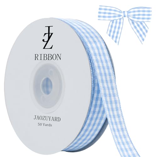 JaoZuyard Hellblaues Gingham-Band, 1,6 cm x 45,7 m, kariertes Band, Polyester, gewebter Rand, Blumenstoff für Hochzeitseinladungen, Brautsträuße, Party-Dekoration, Geschenkverpackung JaoZuyard Hellblaues Gingham-Band, 1,6 cm x 45,7 m, kariertes Band, Polyester, gewebter Rand, Blumenstoff für Hochzeitseinladungen, Brautsträuße, Party-Dekoration, Geschenkverpackung von JaoZuyard