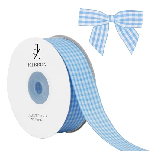 JaoZuyard Hellblaues Gingham-Band, 2,5 cm x 45,7 m, kariertes Band, Polyester, gewebter Rand, Blumenstoff für Hochzeitseinladungen, Brautsträuße, Party-Dekoration, Geschenkverpackung JaoZuyard Hellblaues Gingham-Band, 2,5 cm x 45,7 m, kariertes Band, Polyester, gewebter Rand, Blumenstoff für Hochzeitseinladungen, Brautsträuße, Party-Dekoration, Geschenkverpackung von JaoZuyard