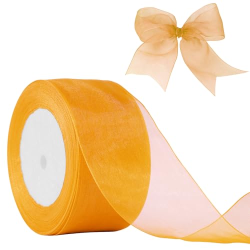 JaoZuyard Organza-Chiffonband, Gelbgold, 5,1 cm x 45,7 m, durchscheinendes Band für Blumenstoff für Hochzeitseinladungen, Brautsträuße, Party-Dekoration, Geschenkverpackung, Schleifenherstellung von JaoZuyard
