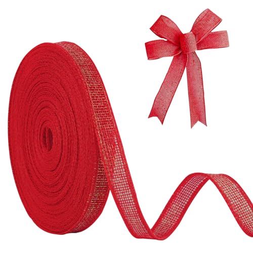 JaoZuyard Rotes Juteband, 1,27 cm x 20 m, natürliches Leinen, gewebt, DIY, handgefertigt, Drahtrand, Produktionskranz, Urlaubsdekoration, Geschenkbänder für Geschenkverpackungen, Jute-Leinenbänder von JaoZuyard